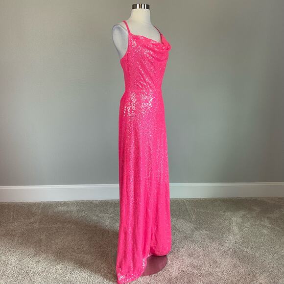 Pink Sequined Backless Evening Gown Size 14 Sleeveless Thigh Slit Formal by AQUA - Picture 4 of 11